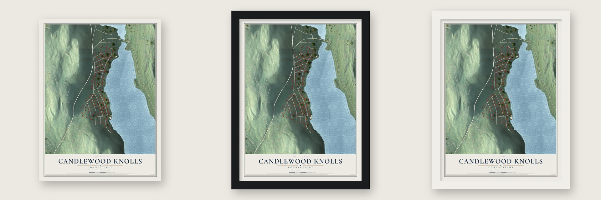 Candlewood Knolls, Connecticut map unframed, in a black wood frame and in a white wood frame