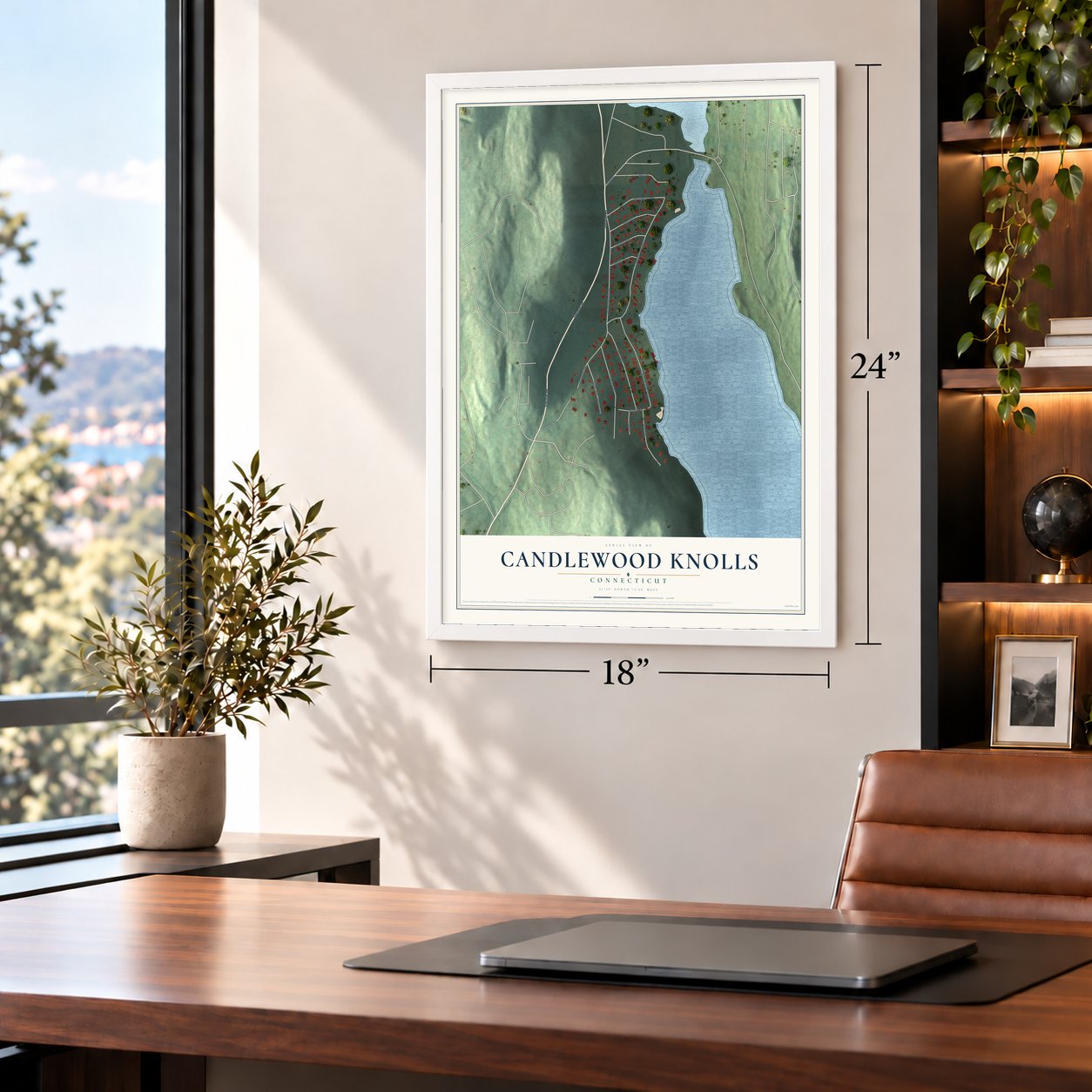 Candlewood Knolls, Connecticut map, 18 x 24 inch print in a white frame in a home office