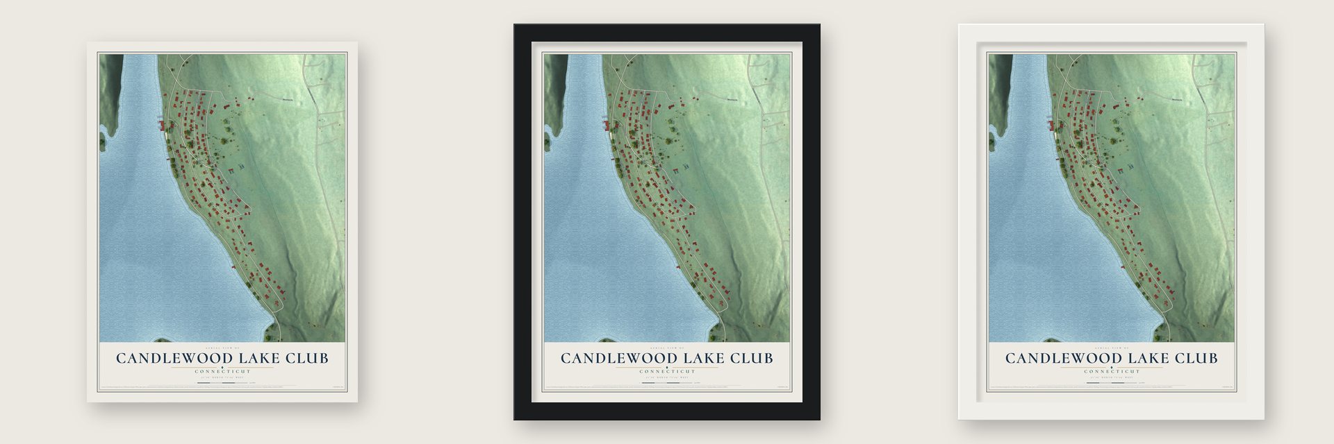 Candlewood Lake Club, Connecticut map unframed, in a black wood frame and in a white wood frame