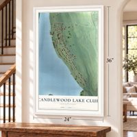 Candlewood Lake Club, Connecticut map, 24 x 36 inch print in a white frame by a staircase