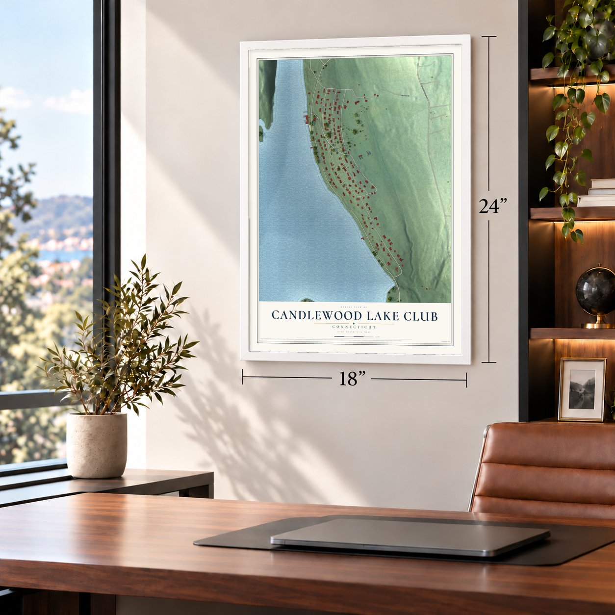 Candlewood Lake Club, Connecticut map, 18 x 24 inch print in a white frame in a home office