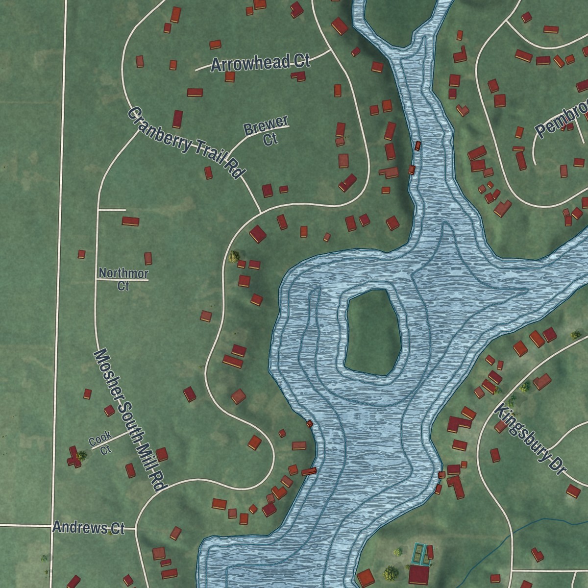 Second close-up of the map of Candlewood Lake, Ohio print showing more streets and buildings