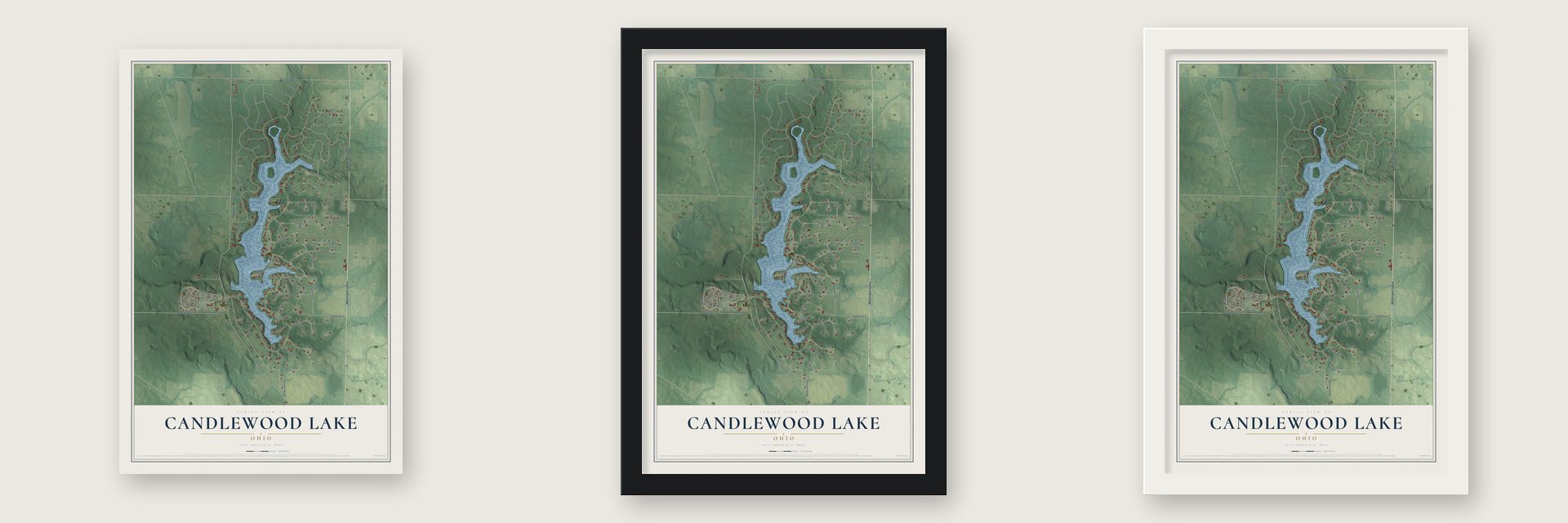 Candlewood Lake, Ohio map unframed, in a black wood frame and in a white wood frame