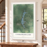 Candlewood Lake, Ohio map, 24 x 36 inch print in a white frame by a staircase