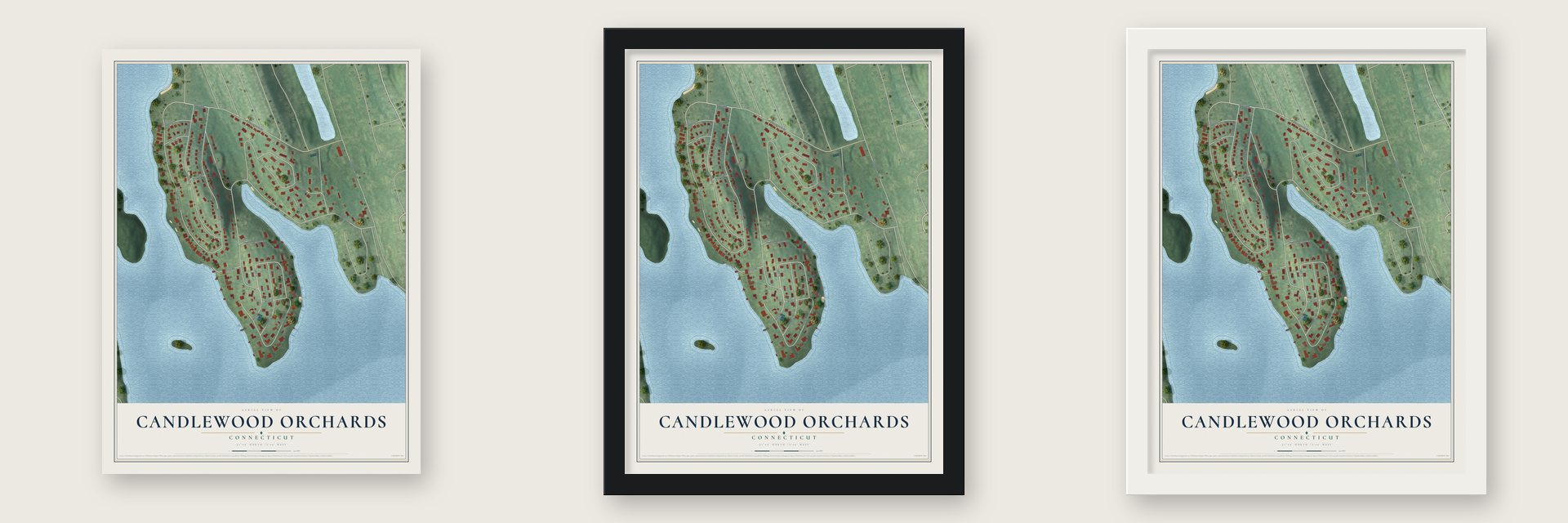 Candlewood Orchards, Connecticut map unframed, in a black wood frame and in a white wood frame
