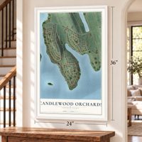 Candlewood Orchards, Connecticut map, 24 x 36 inch print in a white frame by a staircase