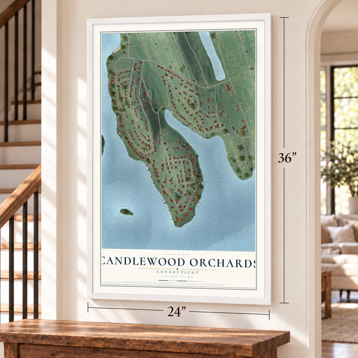 Candlewood Orchards, Connecticut map, 24 x 36 inch print in a white frame by a staircase