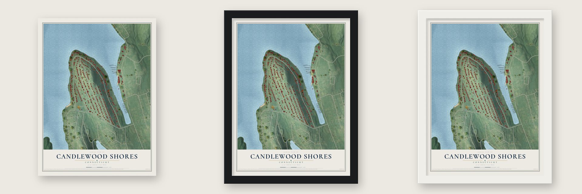 Candlewood Shores, Connecticut map unframed, in a black wood frame and in a white wood frame