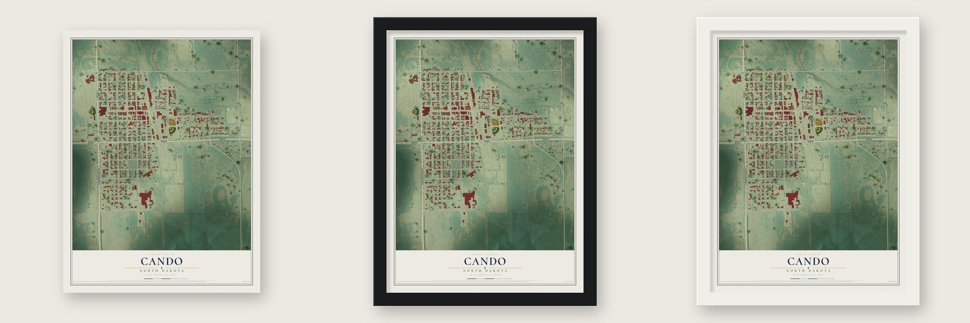 Cando, North Dakota map unframed, in a black wood frame and in a white wood frame