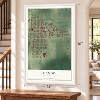 Cando, North Dakota map, 24 x 36 inch print in a white frame by a staircase