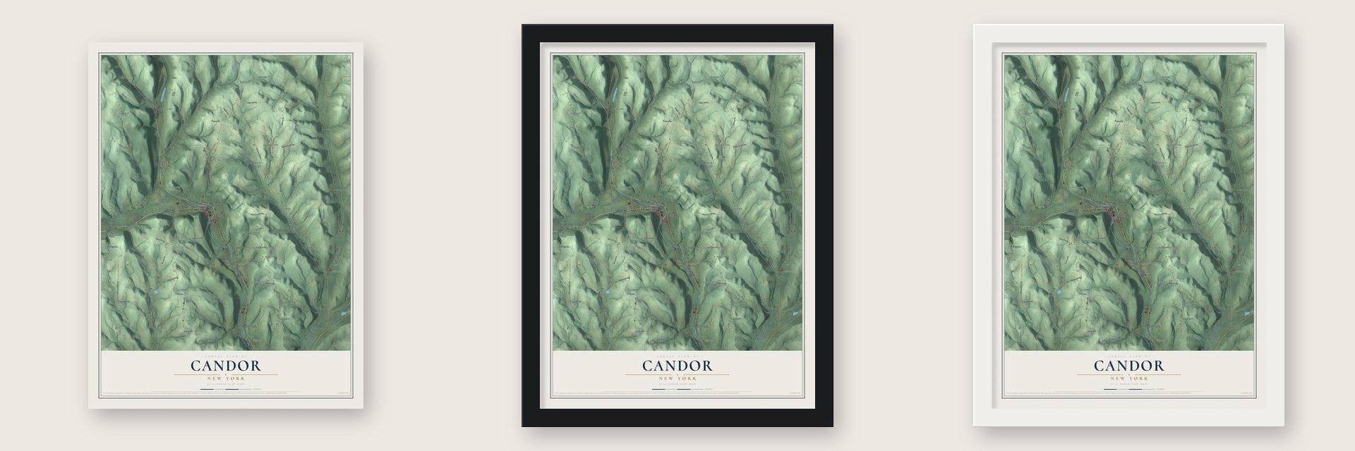 Candor, New York map unframed, in a black wood frame and in a white wood frame