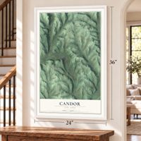 Candor, New York map, 24 x 36 inch print in a white frame by a staircase