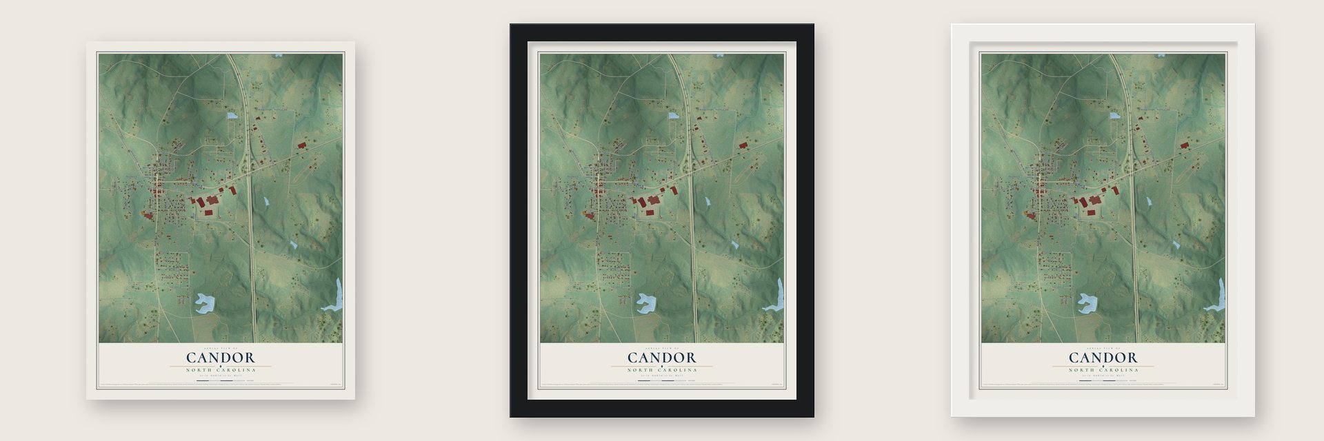 Candor, North Carolina map unframed, in a black wood frame and in a white wood frame