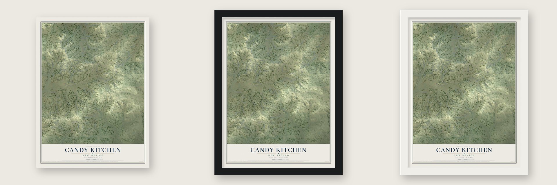 Candy Kitchen, New Mexico map unframed, in a black wood frame and in a white wood frame