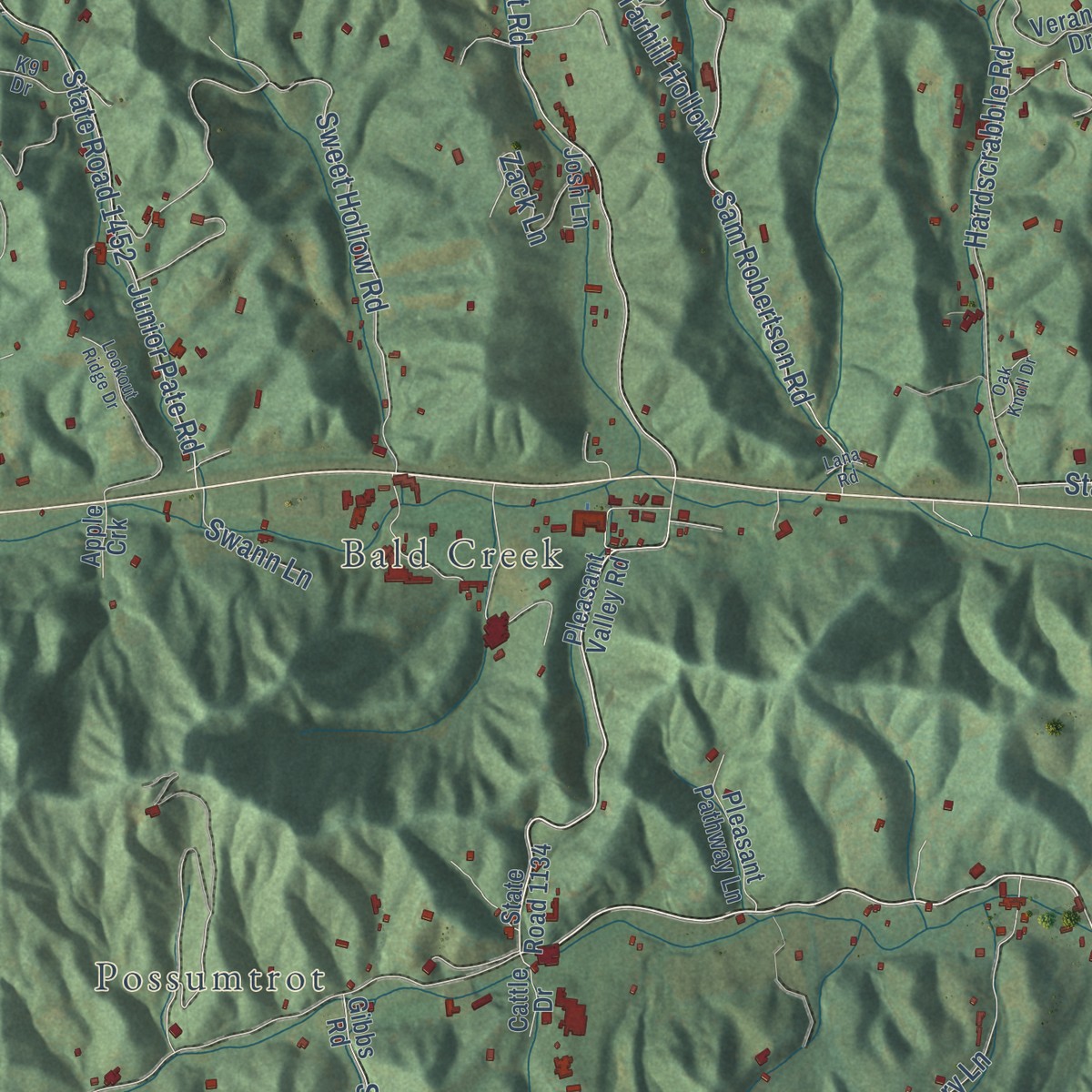 Second close-up of the map of Cane River, North Carolina print showing more streets and buildings