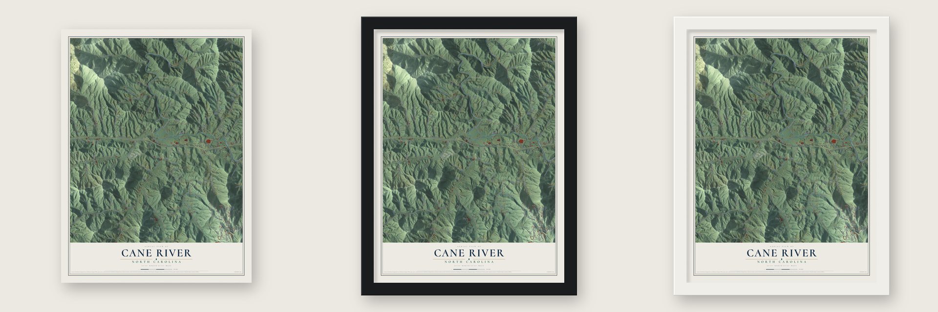 Cane River, North Carolina map unframed, in a black wood frame and in a white wood frame