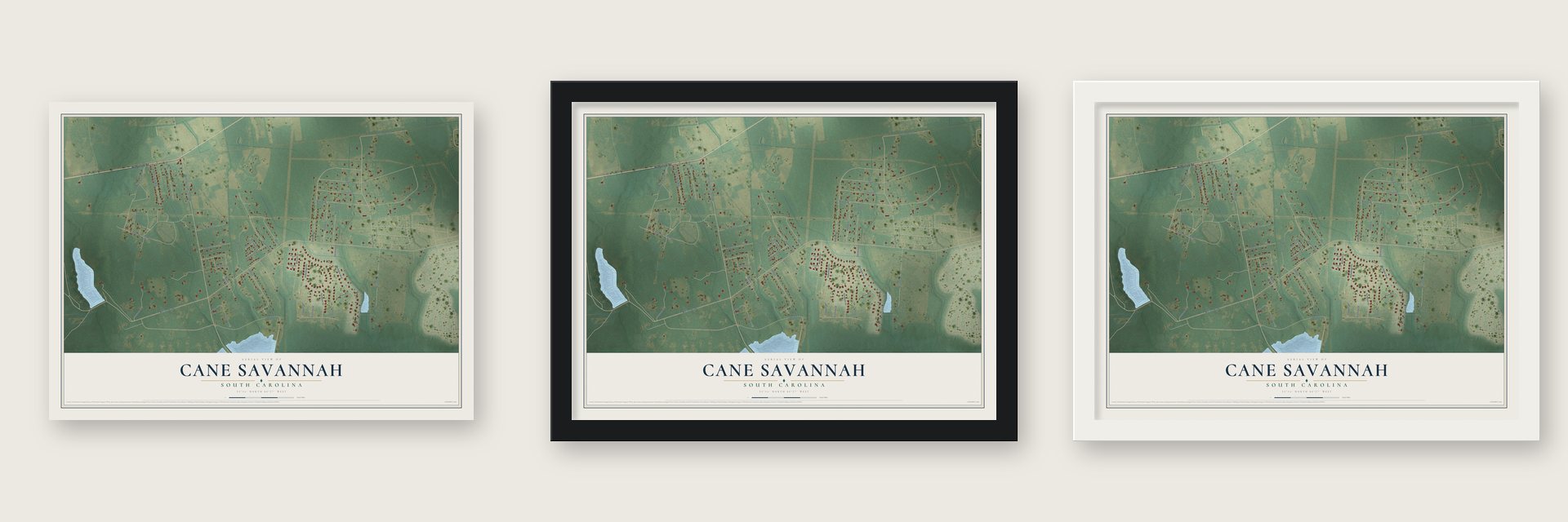 Cane Savannah, South Carolina map unframed, in a black wood frame and in a white wood frame