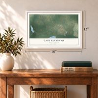 Cane Savannah, South Carolina map, 12 x 18 inch print in a white frame in an entryway