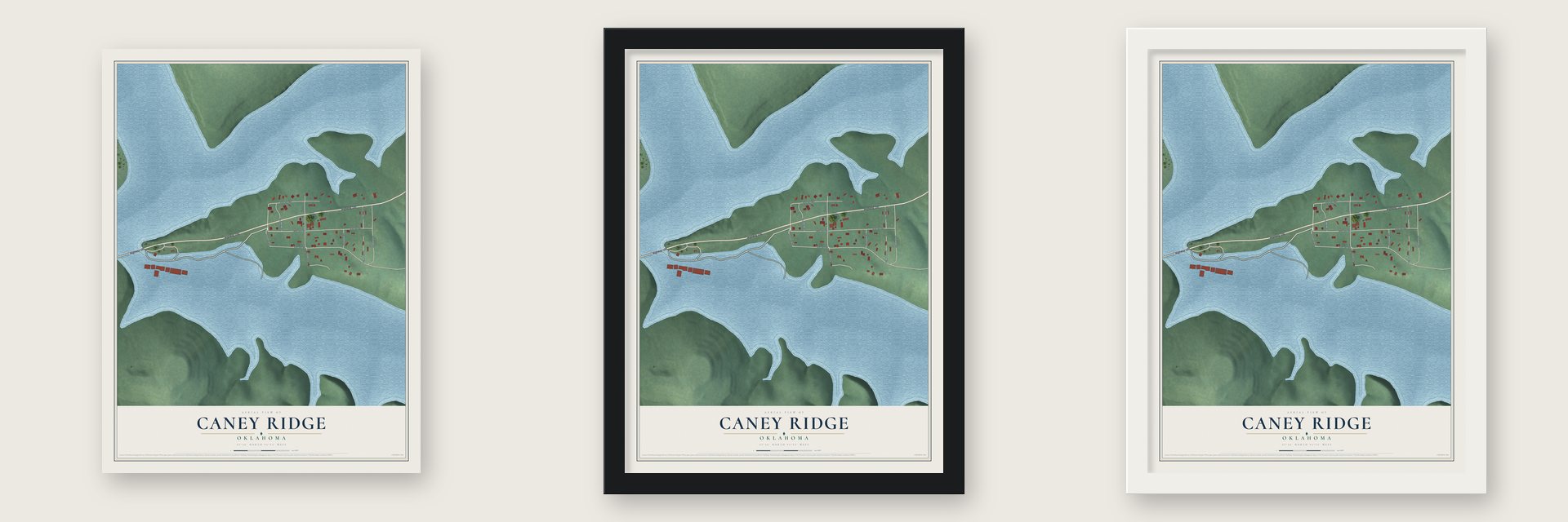 Caney Ridge, Oklahoma map unframed, in a black wood frame and in a white wood frame
