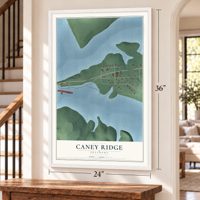 Caney Ridge, Oklahoma map, 24 x 36 inch print in a white frame by a staircase