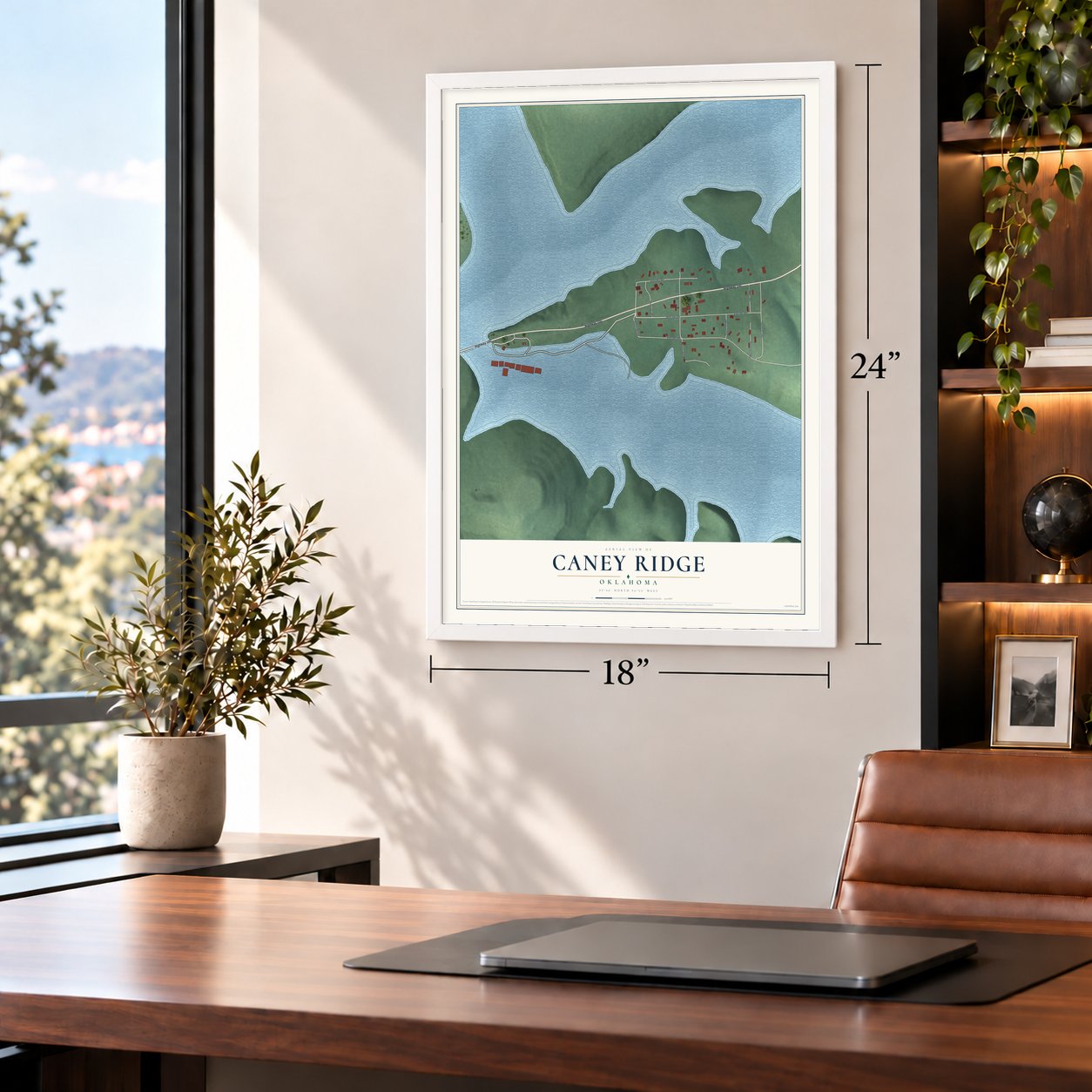 Caney Ridge, Oklahoma map, 18 x 24 inch print in a white frame in a home office