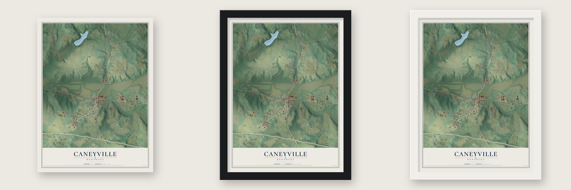 Caneyville, Kentucky map unframed, in a black wood frame and in a white wood frame