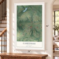 Caneyville, Kentucky map, 24 x 36 inch print in a white frame by a staircase