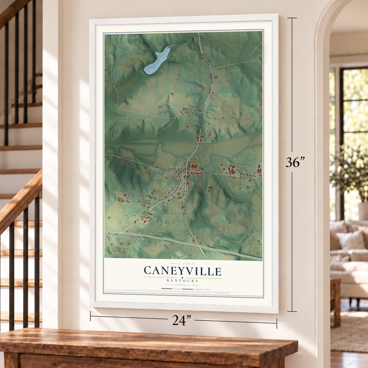 Caneyville, Kentucky map, 24 x 36 inch print in a white frame by a staircase