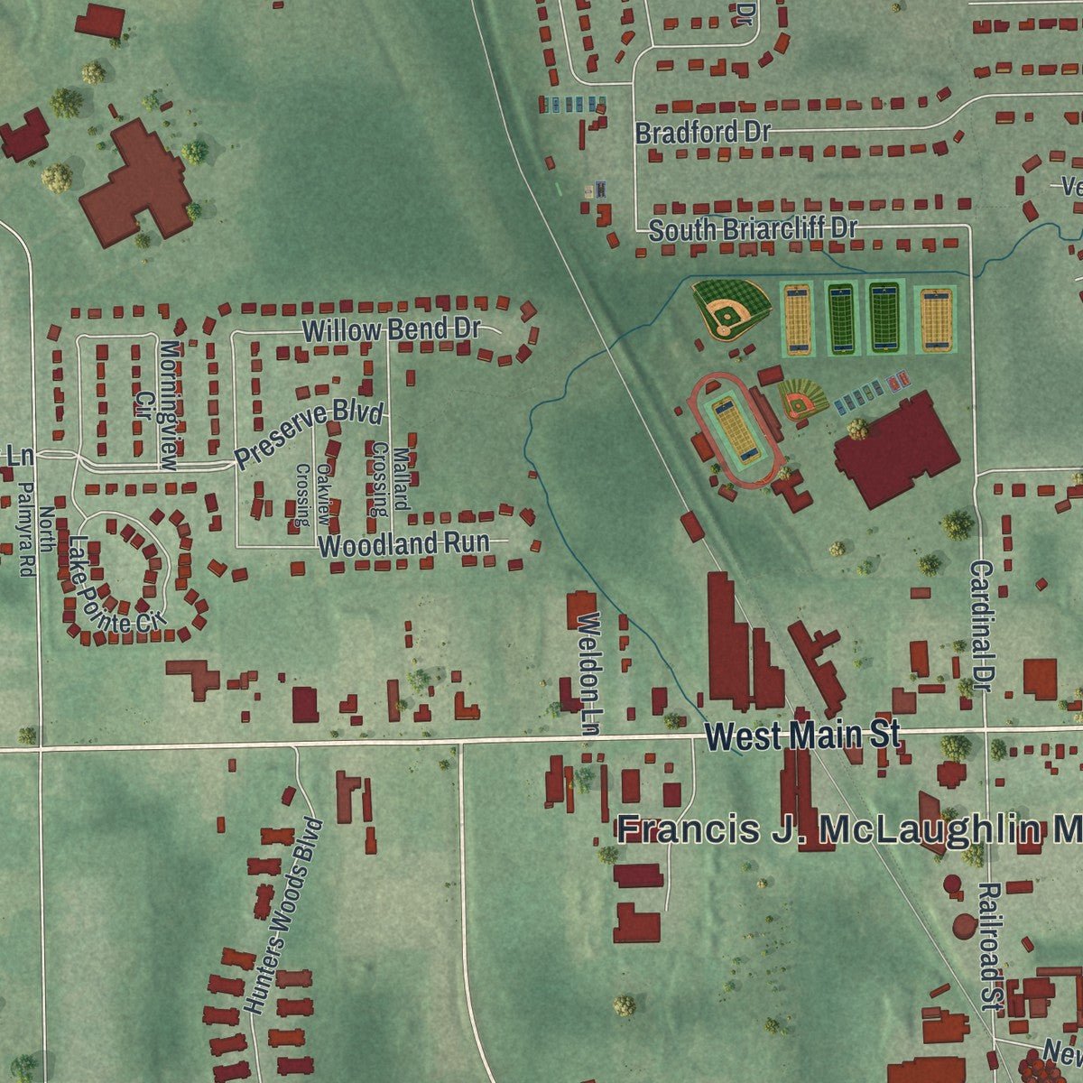 Second close-up of the map of Canfield, Ohio print showing more streets and buildings