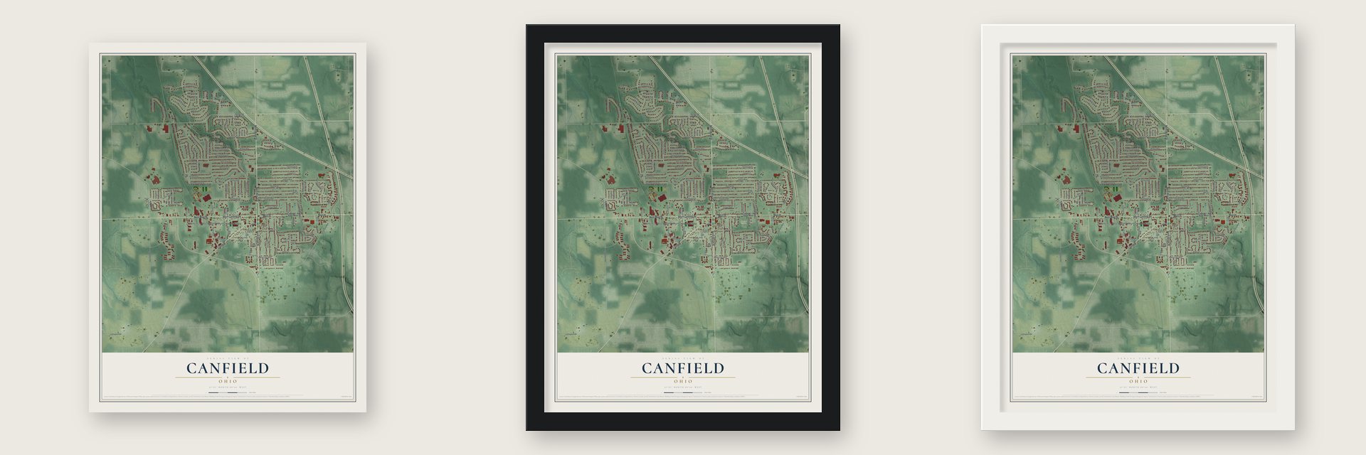 Canfield, Ohio map unframed, in a black wood frame and in a white wood frame