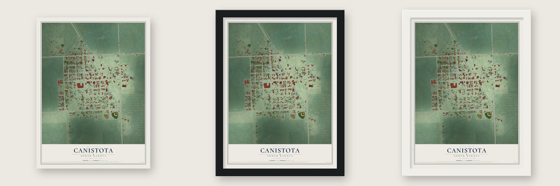 Canistota, South Dakota map unframed, in a black wood frame and in a white wood frame