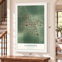 Canistota, South Dakota map, 24 x 36 inch print in a white frame by a staircase