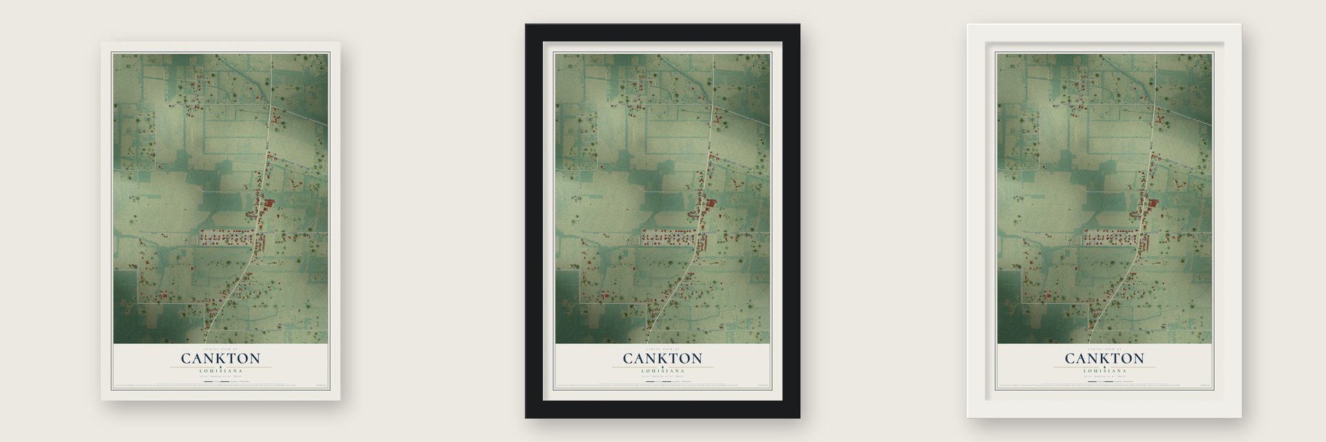 Cankton, Louisiana map unframed, in a black wood frame and in a white wood frame