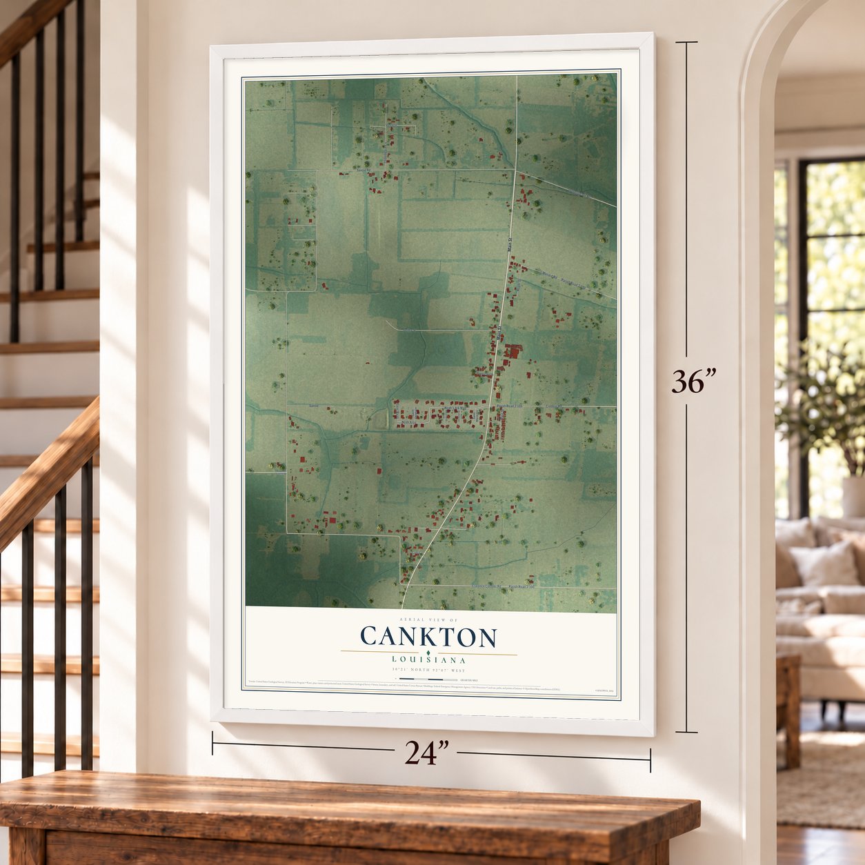 Cankton, Louisiana map, 24 x 36 inch print in a white frame by a staircase