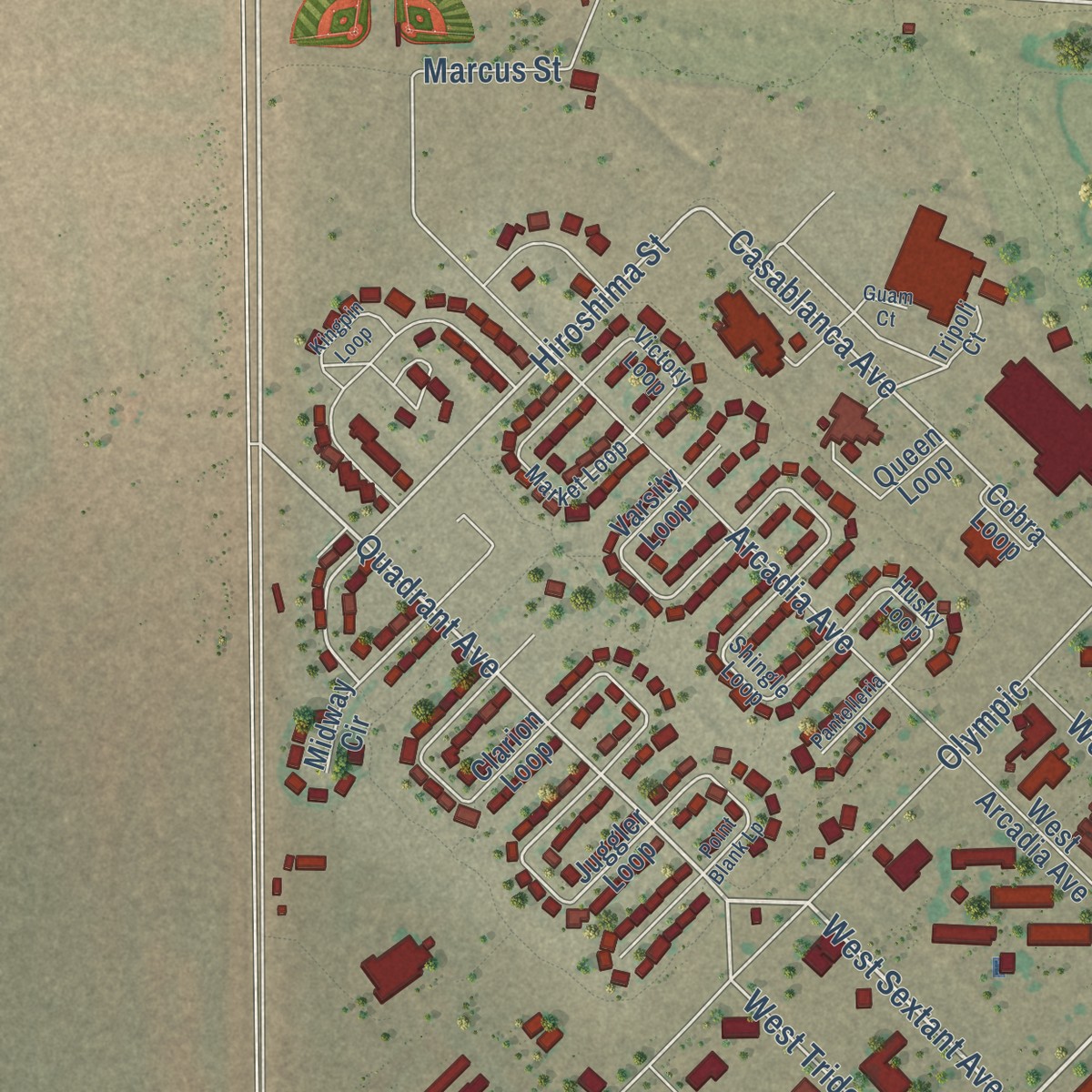 Second close-up of the map of Cannon AFB, New Mexico print showing more streets and buildings