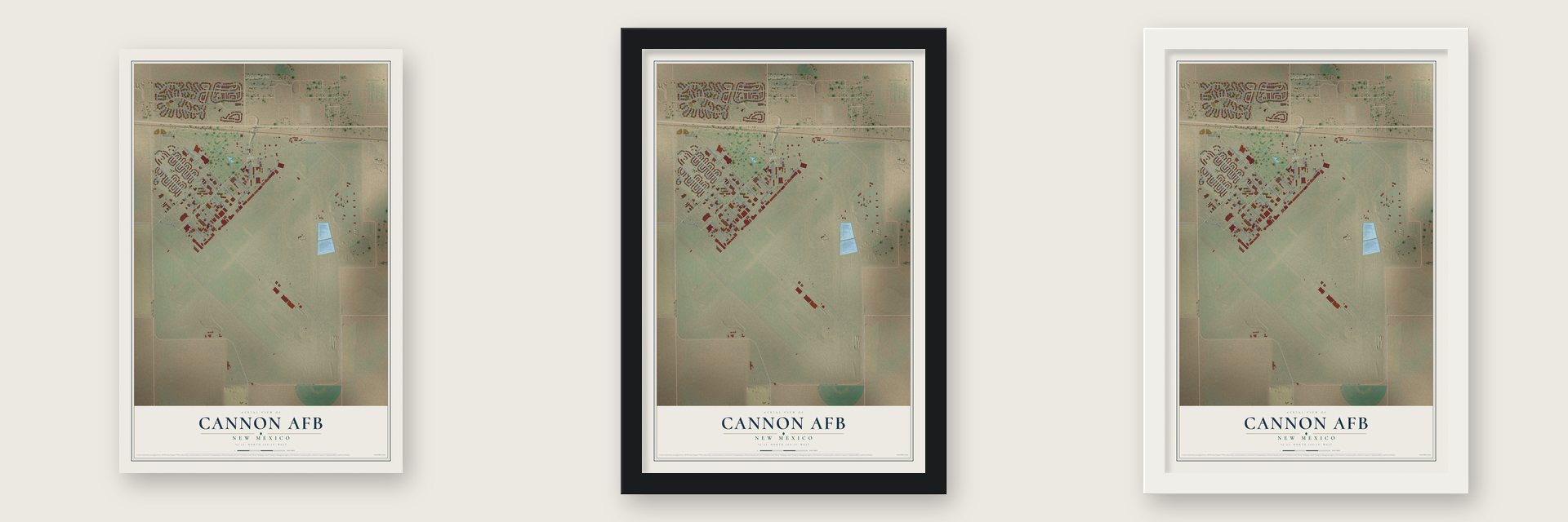 Cannon AFB, New Mexico map unframed, in a black wood frame and in a white wood frame