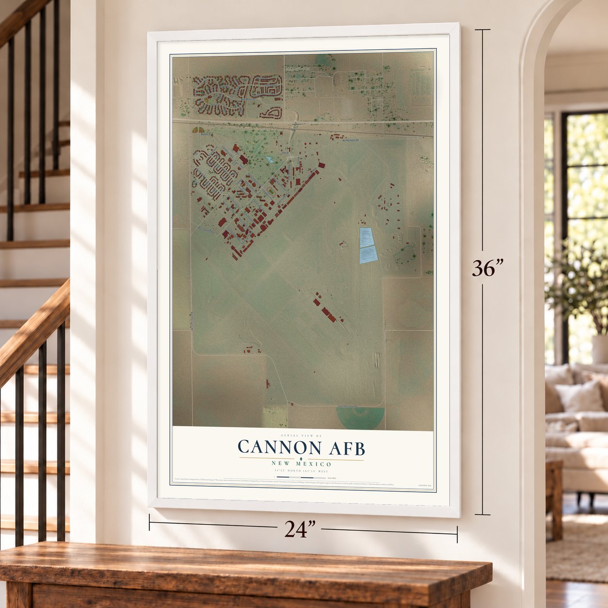 Cannon AFB, New Mexico map, 24 x 36 inch print in a white frame by a staircase