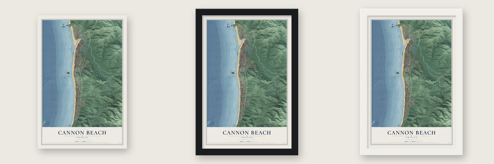 Cannon Beach, Oregon map unframed, in a black wood frame and in a white wood frame