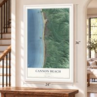 Cannon Beach, Oregon map, 24 x 36 inch print in a white frame by a staircase