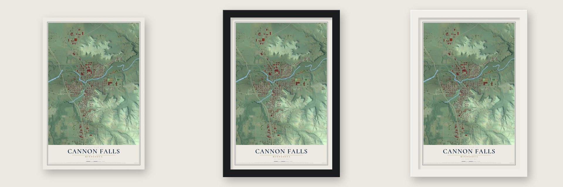 Cannon Falls, Minnesota map unframed, in a black wood frame and in a white wood frame