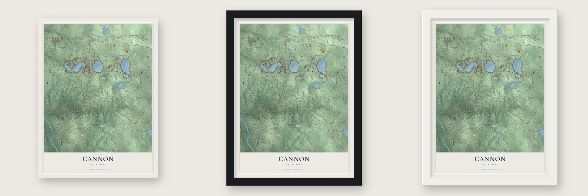 Cannon, Michigan map unframed, in a black wood frame and in a white wood frame