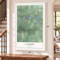 Cannon, Michigan map, 24 x 36 inch print in a white frame by a staircase