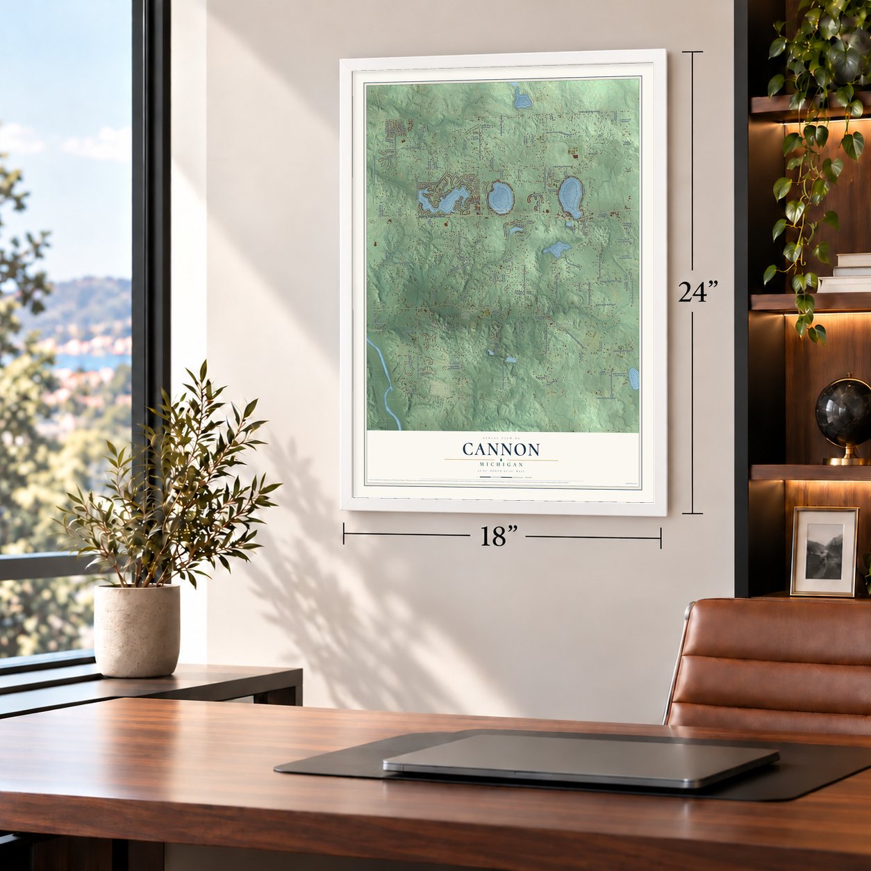 Cannon, Michigan map, 18 x 24 inch print in a white frame in a home office