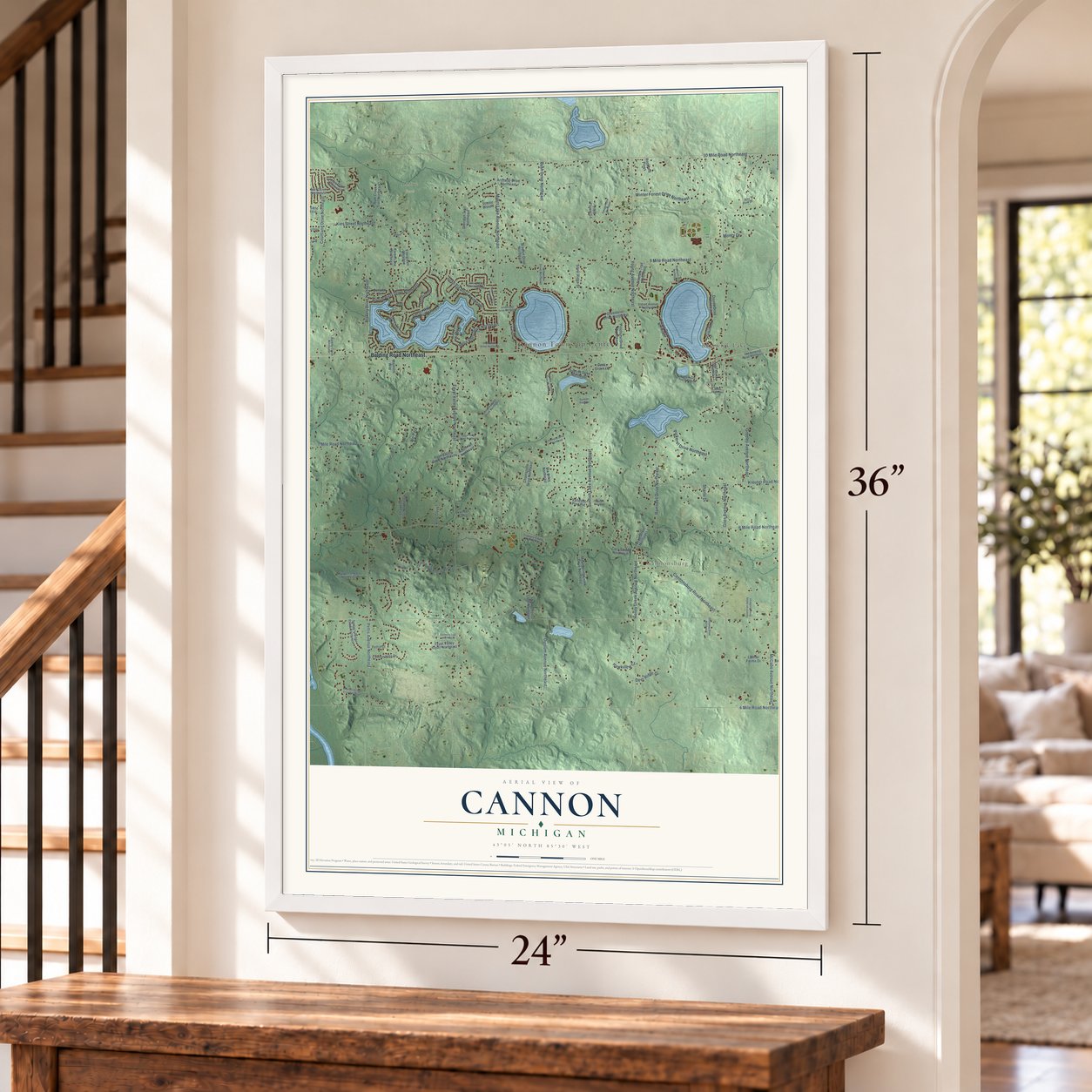 Cannon, Michigan map, 24 x 36 inch print in a white frame by a staircase