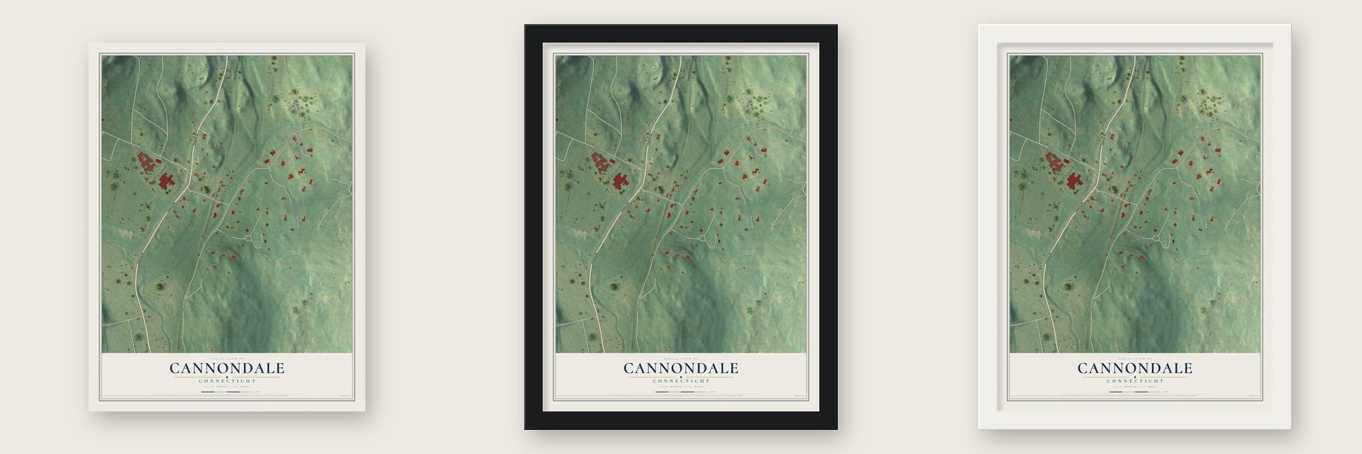 Cannondale, Connecticut map unframed, in a black wood frame and in a white wood frame