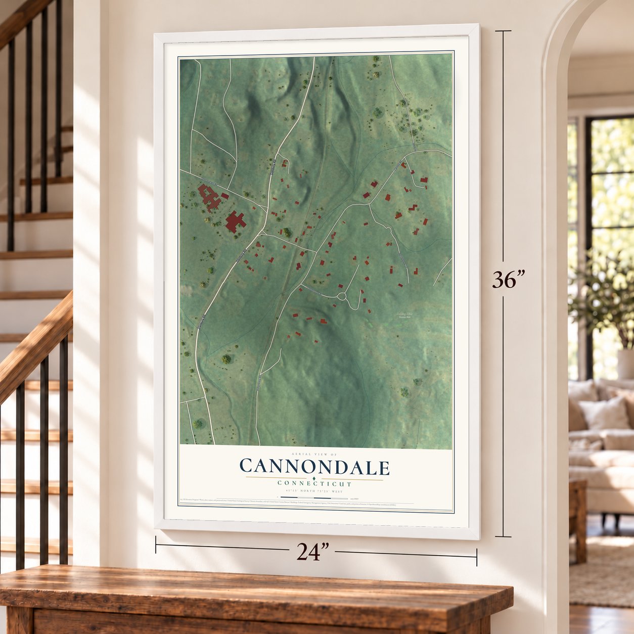 Cannondale, Connecticut map, 24 x 36 inch print in a white frame by a staircase