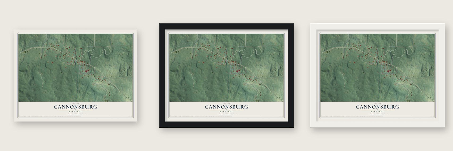 Cannonsburg, Michigan map unframed, in a black wood frame and in a white wood frame