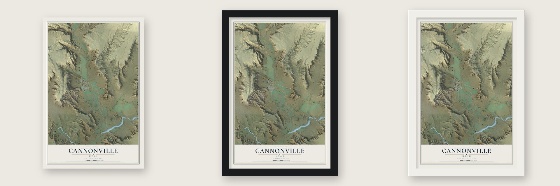 Cannonville, Utah map unframed, in a black wood frame and in a white wood frame