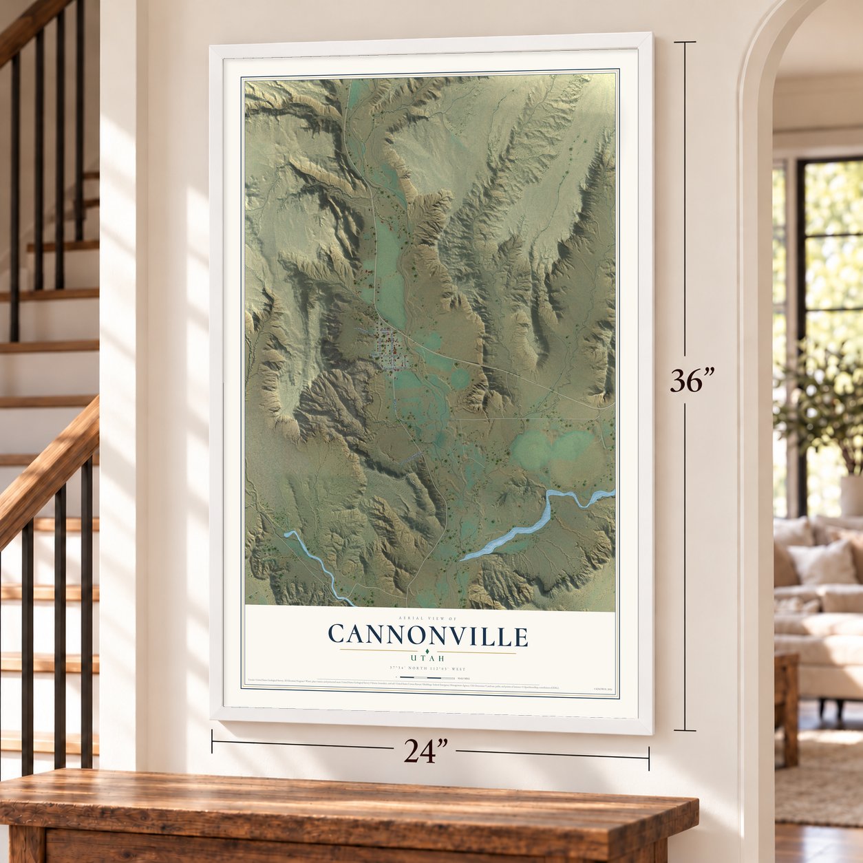 Cannonville, Utah map, 24 x 36 inch print in a white frame by a staircase