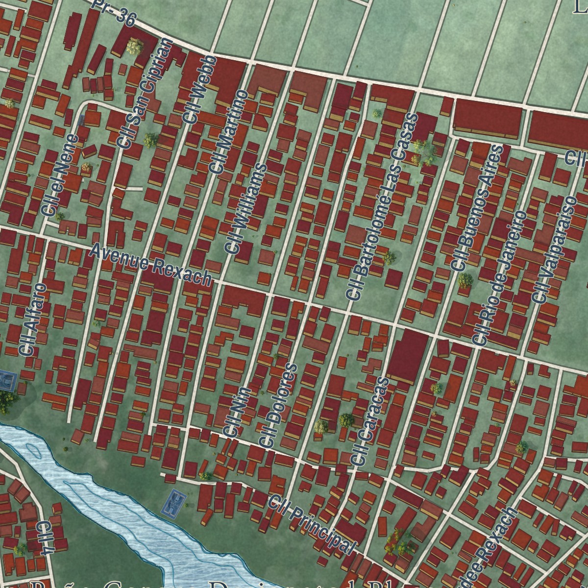 Second close-up of the map of Caño Martin Peña, Puerto Rico print showing more streets and buildings